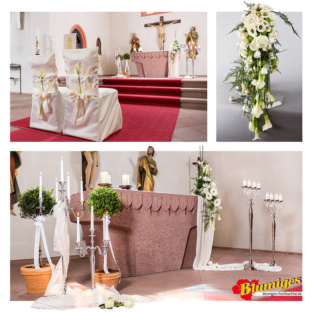 Blumendeko zur Hochzeit mit Calla und Gerbera (Brautstrauß und Kirche)