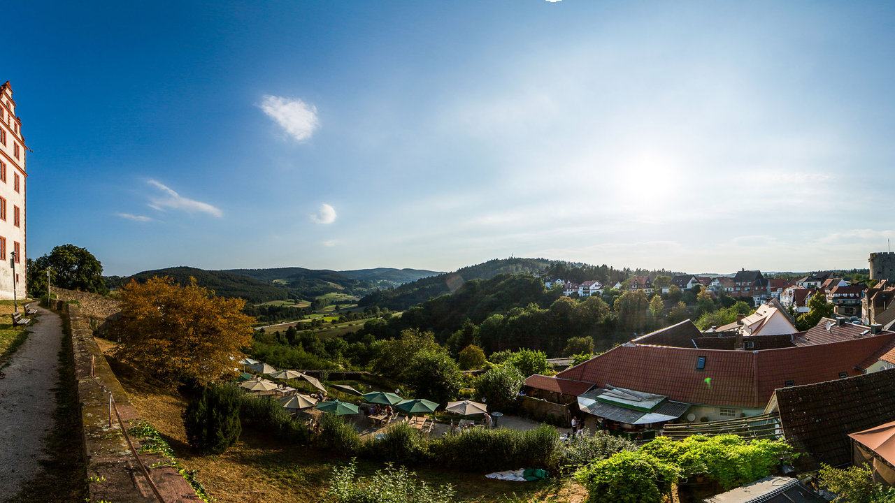 Blick von der unteren Schlossterrasse über das Tal